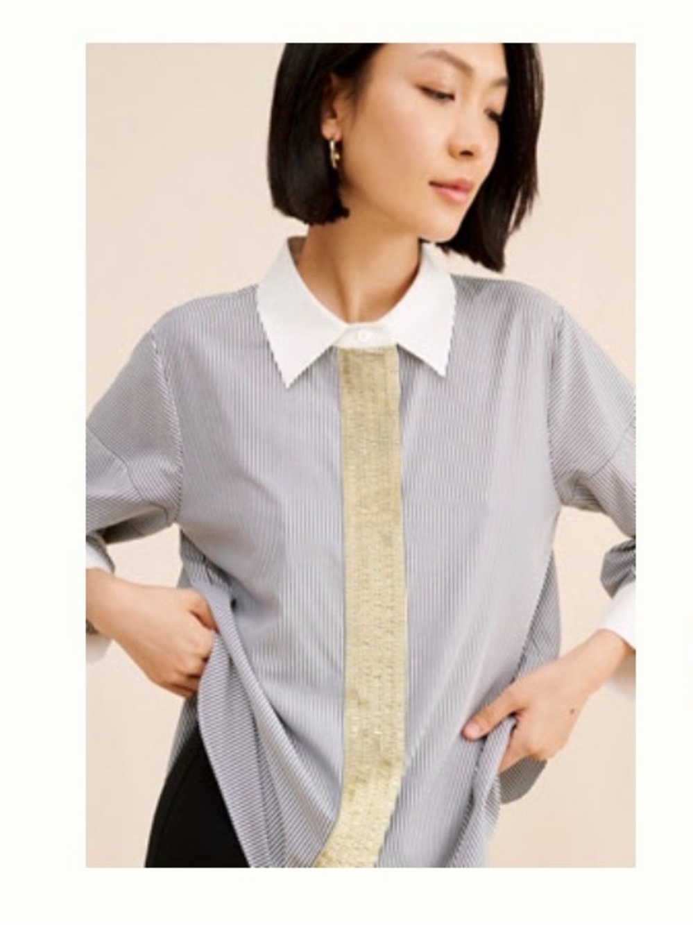 Women’s blue/white Button-Down Shirt with White Collar and Gold sequin detail